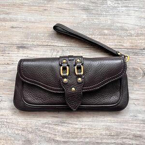 Cole Haan Wristlet Wallet Brown Leather Gold Hardware Designer Clutch Old Money